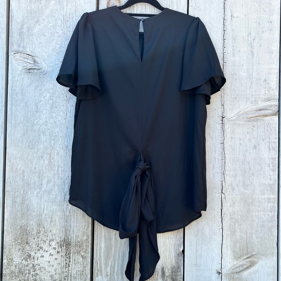 Badgley Mischka black ruffle short sleeve bowtie sash layered lined flowy blouse - Picture 5 of 15